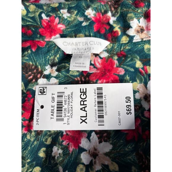 Winter Floral Flannel Pajama Set Charter Club Green Red White XL Cozy Warm New - Picture 9 of 11